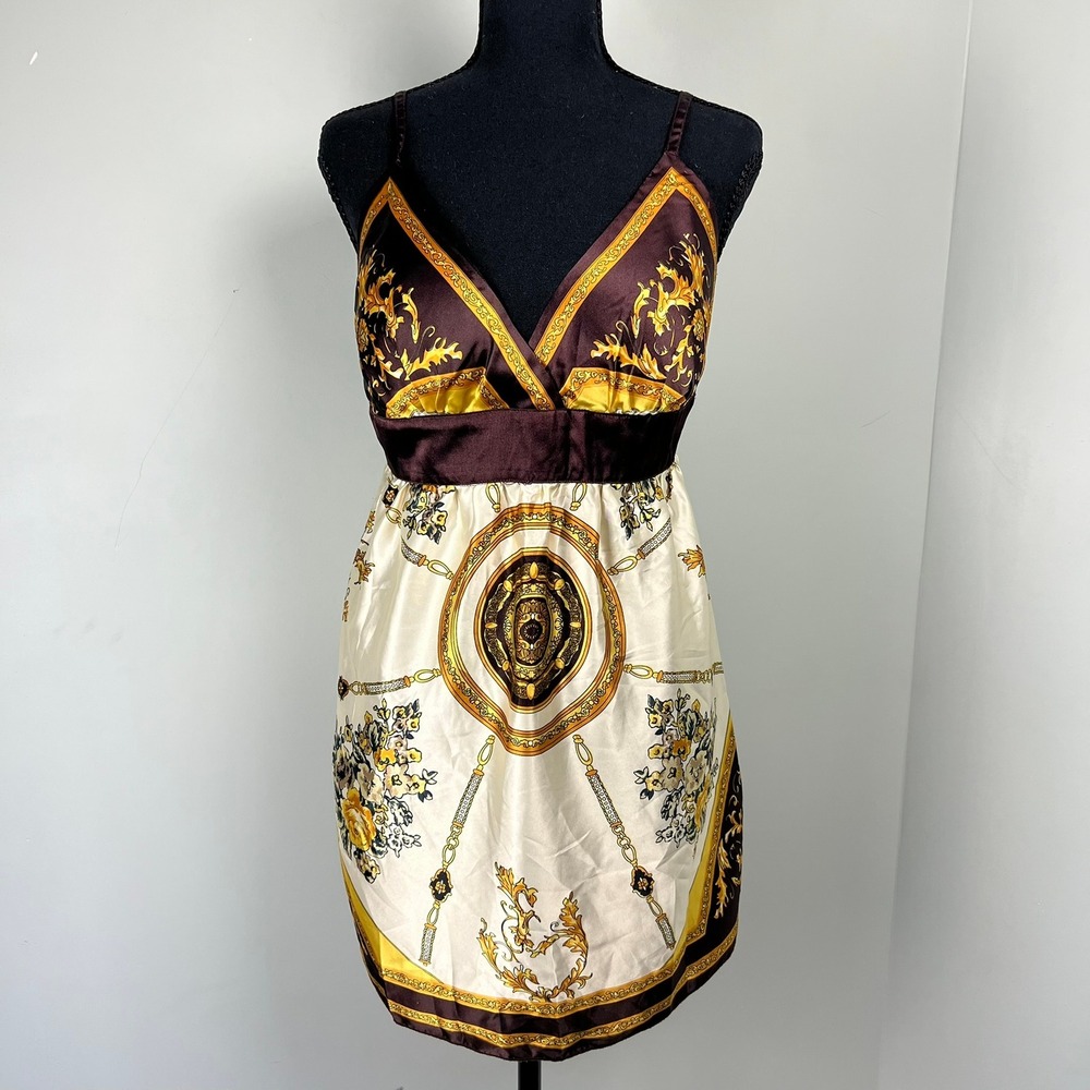 MKM Designs Brown Gold Baroque Scarf Print Top M Empire Waist Babydoll Glam Y2k - Picture 2 of 9